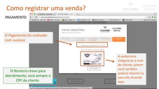 O Pagamento foi realizado
com sucesso
PAGAMENTO
A carteirinha
chegará ao e-mail
do cliente, porem
você também
poderá imprimi-la
para ele clicando
aqui.
O Numero chave para
atendimento, será sempre o
CPF do cliente.
Como registrar uma venda?
 