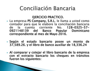 EJERCICIO PRACTICO.
 La empresa PS Company, S.R.L. le llama a usted como
contador para que le elabore la conciliación bancaria
de la cuenta corriente No. 128-0325-57-
0921148139 del Banco Popular Dominicano
correspondiente al mes de Mayo 2016.
 Según el estado bancario posee un monto de
37,589.26. y el libro de banco auxiliar de 18,336.24
 Al comparar y cotejar el libro bancario de la empresa
con el extracto bancario los cheques en tránsitos
fueron los siguientes:
 