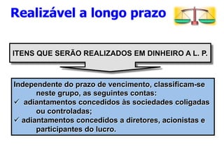 Realizável a longo prazo 
ITENS QUE SERÃO REALIZADOS EM DINHEIRO A L. P. 
Independente do prazo de vencimento, classificam-se 
neste grupo, as seguintes contas: 
ü adiantamentos concedidos às sociedades coligadas 
ou controladas; 
ü adiantamentos concedidos a diretores, acionistas e 
participantes do lucro. 
 