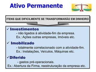 Ativo Permanente 
ITENS QUE DIFICILMENTE SE TRANSFORMARÃO EM DINHEIRO 
ü Investimentos 
- não ligados à atividade-fim da empresa. 
Ex.: Ações outras empresas, Imóveis etc. 
ü Imobilizado 
- totalmente correlacionado com a atividade-fim. 
Ex.: Instalações, Veículos, Máquinas etc. 
ü Diferido 
- gastos pré-operacionais. 
Ex.: Abertura da Firma, reestruturação da empresa etc. 
 