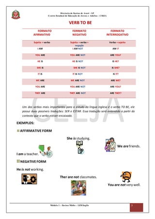 Módulo 1 – Ensino Médio – LEM Inglês 7
Diretoria de Ensino de Avaré - SP
Centro Estadual de Educação de Jovens e Adultos - CEEJA
VERB TO BE
FORMATO
AFIRMATIVO
FORMATO
NEGATIVO
FORMATO
INTERROGATIVO
Sujeito + verbo Sujeito + verbo +
negação
Verbo + sujeito
I AM I AM NOT AM I?
YOU ARE YOU ARE NOT ARE YOU?
HE IS HE IS NOT IS HE?
SHE IS SHE IS NOT IS SHE?
IT IS IT IS NOT IS IT?
WE ARE WE ARE NOT ARE WE?
YOU ARE YOU ARE NOT ARE YOU?
THEY ARE THEY ARE NOT ARE THEY?
Um dos verbos mais importantes para o estudo da língua inglesa é o verbo TO BE, ele
possui duas possíveis traduções: SER e ESTAR. Essa tradução será entendida a partir do
contexto que o verbo estiver encaixado.
EXEMPLOS:
AFFIRMATIVE FORM
She is studying.
We arefriends.
I am a teacher.
NEGATIVEFORM
He is not working.
Ther are not classmates.
You are not very well.
 
