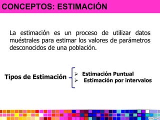 CONCEPTOS: ESTIMACIÓN
La estimación es un proceso de utilizar datos
muéstrales para estimar los valores de parámetros
desc...