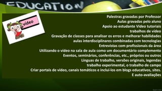 Palestras gravadas por Professor
Aulas gravadas pelo aluno
Apoio ao estudante Video tutoriais
trabalhos de vídeo
Gravação de classes para analisar os erros e melhorar habilidades
aulas interdisciplinares combinadas com tecnologias
Entrevistas com profissionais da área
Utilizando o vídeo na sala de aula como um documentário complemento
Eventos, seminários, conferências, etc., próprios ou outros
Línguas de trabalho, versões originais, legendas
trabalho experimental, o trabalho de campo
Criar portais de vídeo, canais temáticos e incluí-los em blogs educativos, sites.
E auto-avaliações
 