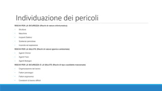 Individuazione dei pericoli
RISCHI PER LA SICUREZZA (Rischi di natura infortunistica)
• Strutture
• Macchine
• Impianti Elettrici
• Sostanze pericolose
• Incendio ed esplosione
RISCHI PER LA SALUTE (Rischi di natura igienico ambientale)
• Agenti Chimici
• Agenti Fisici
• Agenti Biologici
RISCHI PER LA SICUREZZA E LA SALUTE (Rischi di tipo cosiddetto trasversale)
• Organizzazione del lavoro
• Fattori psicologici
• Fattori ergonomici
• Condizioni di lavoro difficili
 