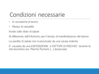 Condizioni	necessarie
• In occasione di lavoro
• Nesso di casualità
Incide sullo stato di salute
Si differenzia dall’infortunio per il tempo di manifestazione del danno
La perdita di salute non è provocata da una causa violenta
E’ causata da una ESPOSIZIONE a FATTORI DI RISCHIO durante la
vita lavorativa (es. Rischio Rumore […] Ipoacusia)
 
