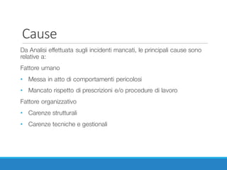 Cause
Da Analisi effettuata sugli incidenti mancati, le principali cause sono
relative a:
Fattore umano
• Messa in atto di comportamenti pericolosi
• Mancato rispetto di prescrizioni e/o procedure di lavoro
Fattore organizzativo
• Carenze strutturali
• Carenze tecniche e gestionali
 