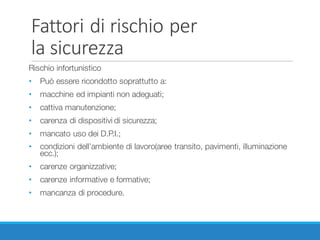Fattori	di	rischio	per
la	sicurezza
Rischio infortunistico
• Può essere ricondotto soprattutto a:
• macchine ed impianti non adeguati;
• cattiva manutenzione;
• carenza di dispositivi di sicurezza;
• mancato uso dei D.P.I.;
• condizioni dell’ambiente di lavoro(aree transito, pavimenti, illuminazione
ecc.);
• carenze organizzative;
• carenze informative e formative;
• mancanza di procedure.
 