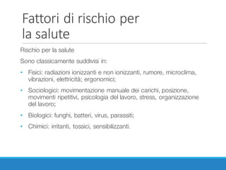 Fattori	di	rischio	per
la	salute
Rischio per la salute
Sono classicamente suddivisi in:
• Fisici: radiazioni ionizzanti e non ionizzanti, rumore, microclima,
vibrazioni, elettricità; ergonomici;
• Sociologici: movimentazione manuale dei carichi, posizione,
movimenti ripetitivi, psicologia del lavoro, stress, organizzazione
del lavoro;
• Biologici: funghi, batteri, virus, parassiti;
• Chimici: irritanti, tossici, sensibilizzanti.
 