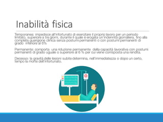 Inabilità	fisica
Temporanea: impedisce all’infortunato di esercitare il proprio lavoro per un periodo
limitato, superiore a tre giorni, durante il quale è erogata un’indennità giornaliera, fino alla
completa guarigione clinica senza postumi permanenti o con postumi permanenti di
grado inferiore al 6%
Permanente: comporta una riduzione permanente della capacità lavorativa con postumi
permanenti di grado uguale o superiore al 6 % per cui viene corrisposta una rendita.
Decesso: la gravità delle lesioni subite determina, nell’immediatezza o dopo un certo,
tempo la morte dell’infortunato.
 