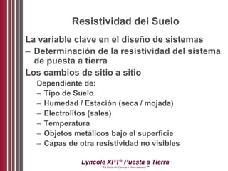Lyncole XPT®
Puesta a Tierra
“La Unión de Ciencia y Aterramiento ™
Resistividad del Suelo
La variable clave en el diseño de sistemas
– Determinación de la resistividad del sistema
de puesta a tierra
Los cambios de sitio a sitio
Dependiente de:
– Tipo de Suelo
– Humedad / Estación (seca / mojada)
– Electrolitos (sales)
– Temperatura
– Objetos metálicos bajo el superficie
– Capas de otra resistividad no visibles
 