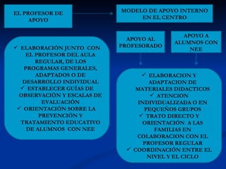 EL PROFESOR DE              MODELO DE APOYO INTERNO
     APOYO                       EN EL CENTRO


                                            APOYO A
                              APOYO AL
                                          ALUMNOS CON
 ELABORACIÓN JUNTO CON     PROFESORADO
                                              NEE
    EL PROFESOR DEL AULA
       REGULAR, DE LOS
   PROGRAMAS GENERALES,
       ADAPTADOS O DE             ELABORACION Y
  DESARROLLO INDIVIDUAL             ADAPTACION DE
   ESTABLECER GUÍAS DE        MATERIALES DIDACTICOS
 OBSERVACIÓN Y ESCALAS DE            ATENCION
         EVALUACIÓN             INDIVIDUALIZADA O EN
  ORIENTACIÓN SOBRE LA           PEQUEÑOS GRUPOS
        PREVENCIÓN Y             TRATO DIRECTO Y
  TRATAMIENTO EDUCATIVO          ORIENTACIÓN A LAS
    DE ALUMNOS CON NEE               FAMILIAS EN
                                COLABORACION CON EL
                                  PROFESOR REGULAR
                              COORDINACIÓN ENTRE EL
                                   NIVEL Y EL CICLO
 