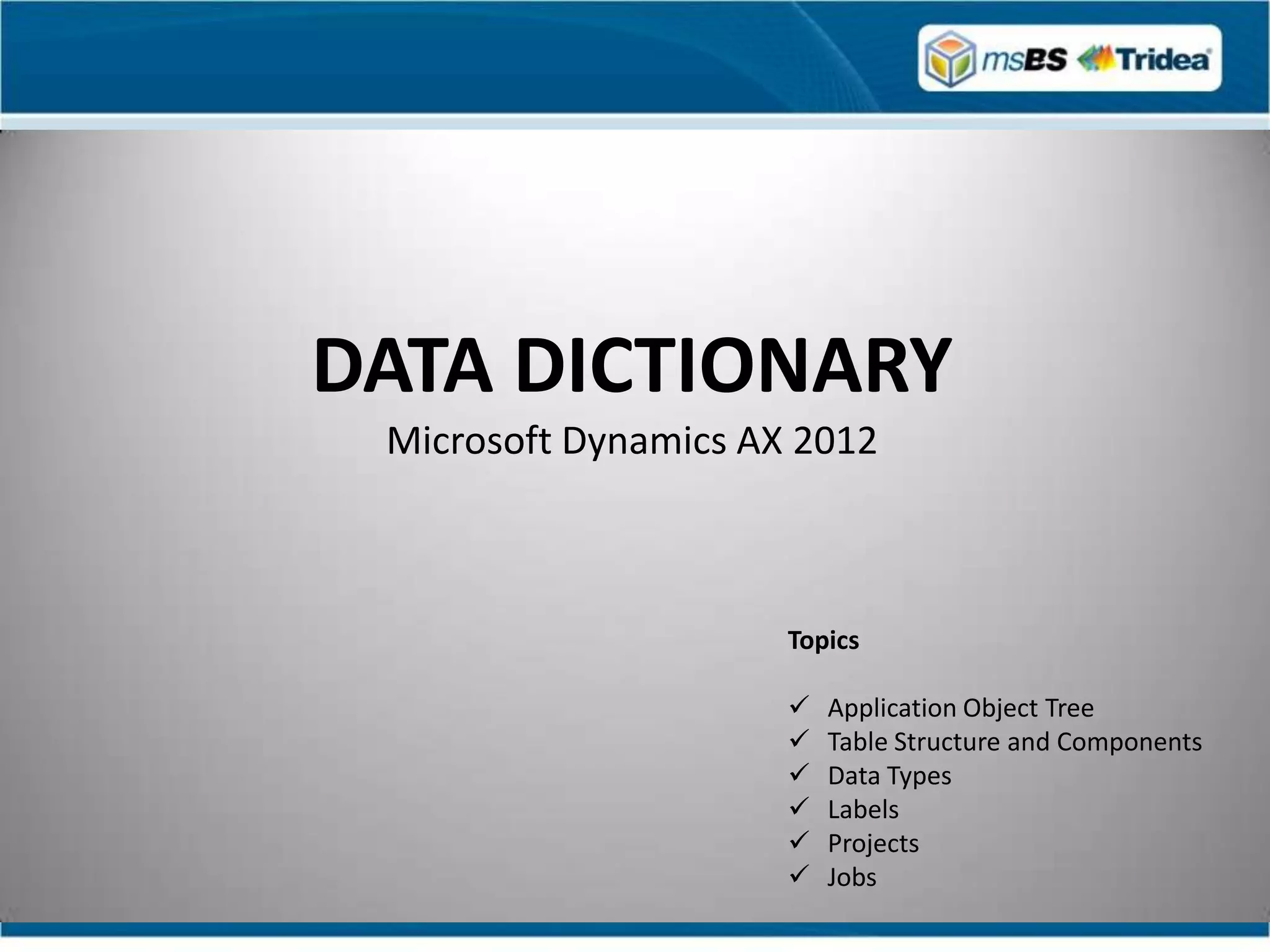 DATA DICTIONARY
 Microsoft Dynamics AX 2012



                      Topics

                         Application Object Tree
                         Table Structure and Components
                         Data Types
                         Labels
                         Projects
                         Jobs
 