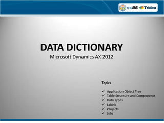 DATA DICTIONARY
 Microsoft Dynamics AX 2012



                      Topics

                         Application Object Tree
                         Table Structure and Components
                         Data Types
                         Labels
                         Projects
                         Jobs
 