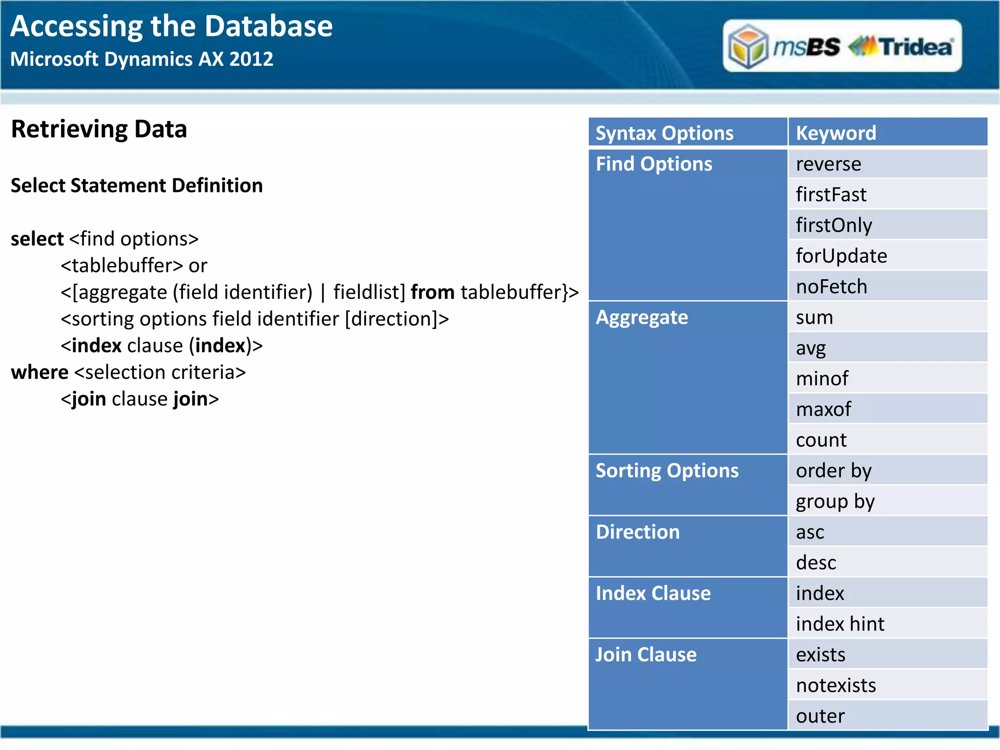 Accessing the Database
Microsoft Dynamics AX 2012


Retrieving Data                                                    Syntax Options    Keyword
                                                                   Find Options      reverse
Select Statement Definition                                                          firstFast
                                                                                     firstOnly
select <find options>
      <tablebuffer> or                                                               forUpdate
      <[aggregate (field identifier) | fieldlist] from tablebuffer}>                 noFetch
      <sorting options field identifier [direction]>                 Aggregate       sum
      <index clause (index)>                                                         avg
where <selection criteria>                                                           minof
      <join clause join>                                                             maxof
                                                                                     count
                                                                   Sorting Options   order by
                                                                                     group by
                                                                   Direction         asc
                                                                                     desc
                                                                   Index Clause      index
                                                                                     index hint
                                                                   Join Clause       exists
                                                                                     notexists
                                                                                     outer
 