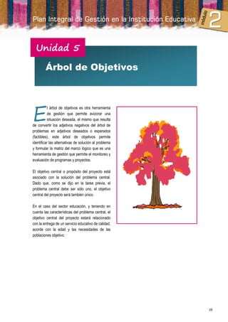 Unidad 5

        Árbol de Objetivos




E
           l árbol de objetivos es otra herramienta
           de gestión que permite avizorar una
           situación deseada, el mismo que resulta
de convertir los adjetivos negativos del árbol de
problemas en adjetivos deseados o esperados
(factibles), este árbol de objetivos permite
identificar las alternativas de solución al problema
y formular la matriz del marco lógico que es una
herramienta de gestión que permite el monitoreo y
evaluación de programas y proyectos.

El objetivo central o propósito del proyecto está
asociado con la solución del problema central.
Dado que, como se dijo en la tarea previa, el
problema central debe ser sólo uno, el objetivo
central del proyecto será también único.

En el caso del sector educación, y teniendo en
cuenta las características del problema central, el
objetivo central del proyecto estará relacionado
con la entrega de un servicio educativo de calidad,
acorde con la edad y las necesidades de las
poblaciones objetivo.




                                                       28
 