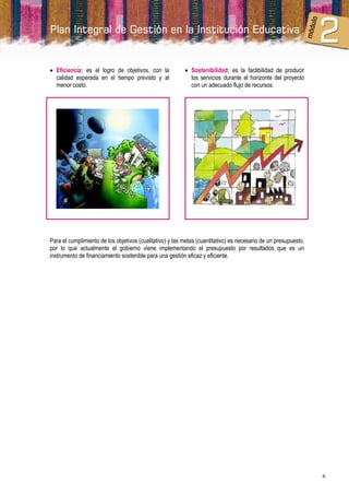  Eficiencia; es el logro de objetivos, con la             Sostenibilidad; es la factibilidad de producir
  calidad esperada en el tiempo previsto y al               los servicios durante el horizonte del proyecto
  menor costo.                                              con un adecuado flujo de recursos.




Para el cumplimiento de los objetivos (cualitativo) y las metas (cuantitativo) es necesario de un presupuesto,
por lo que actualmente el gobierno viene implementando el presupuesto por resultados que es un
instrumento de financiamiento sostenible para una gestión eficaz y eficiente.




                                                                                                                 6
 