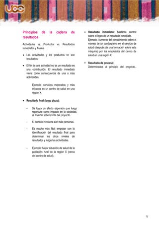 Principios de           la    cadena       de      Resultado inmediato: bastante control
                                                    sobre el logro de un resultado inmediato.
resultados
                                                    Ejemplo: Aumento del conocimiento sobre el
Actividades vs. Productos vs. Resultados            manejo de un cardiograma en el servicio de
inmediatos y finales.                               salud (después de una formación sobre esta
                                                    máquina) por los empleados del centro de
 Las actividades y los productos no son            salud en una región X
  resultados
                                                   Resultado de proceso:
 El fin de una actividad no es un resultado es     Determinados al principio del proyecto..
  una contribución. El resultado inmediato
  viene como consecuencia de una o más
  actividades.

        Ejemplo: servicios mejorados y más
        eficaces en un centro de salud en una
        región X.

 Resultado final (largo plazo):

   -    Se logra un efecto esperado que luego
        repercute como impacto en la sociedad,
        al finalizar el horizonte del proyecto.

   -    El cambio involucra aún más personas.

   -    Es mucho más fácil empezar con la
        identificación del resultado final para
        determinar los otros niveles de
        resultados y luego las actividades.

   -    Ejemplo: Mejor situación de salud de la
        población rural de la región X (cerca
        del centro de salud).




                                                                                                 72
 