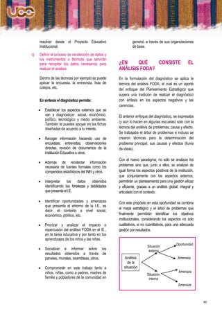 resolver desde el Proyecto Educativo                      general, a través de sus organizaciones
     Institucional.                                            de base.
c)   Definir el proceso de recolección de datos y
     los instrumentos o técnicas que servirán
     para recopilar los datos necesarios para         ¿EN     QUÉ    CONSISTE                          EL
     realizar el análisis.                            ANÁLISIS FODA?
     Dentro de las técnicas por ejemplo se puede      En la formulación del diagnóstico se aplica la
     aplicar la encuesta, la entrevista, lista de     técnica del análisis FODA, el cual es un aporte
     cotejos, etc.                                    del enfoque del Planeamiento Estratégico que
                                                      supera una tradición de realizar el diagnóstico
     En síntesis el diagnóstico permite:              con énfasis en los aspectos negativos y las
                                                      carencias.
        Establecer los aspectos externos que se
         van a diagnosticar: social, económico,       El anterior enfoque del diagnóstico, se expresaba
         político, tecnológico y medio ambiente.
                                                      (y aún lo hacen en algunas escuelas) solo con la
         También te puedes apoyar en las fichas
         diseñadas de acuerdo a tu interés.           técnica del análisis de problemas, causa y efecto.
                                                      Se trabajaba el árbol de problemas e incluso se
        Recoger información haciendo uso de          crearon técnicas para la determinación del
         encuestas, entrevistas, observaciones        problema principal, sus causas y efectos (lluvia
         directas, revisión de documentos de la       de ideas).
         Institución Educativa u otros.
                                                      Con el nuevo paradigma, no sólo se analizan los
        Además de recolectar información
         necesaria de fuentes formales como los       problemas sino que, junto a ellos, se analizan de
         compendios estadísticos del INEI y otros.    igual forma los aspectos positivos de la institución,
                                                      que conjuntamente con los aspectos externos,
        Interpretar    los     datos    obtenidos    permitirán un planteamiento para una gestión eficaz
         identificando las fortalezas y debilidades   y eficiente, gracias a un análisis global, integral y
         que presenta el I.E.                         articulado con el contexto.

        Identificar oportunidades y amenazas         Con este propósito en esta oportunidad se combina
         que presenta el entorno de la I.E., es
                                                      el mapa estratégico y el árbol de problemas que
         decir, el contexto a nivel social,
         económico, político, etc.                    finalmente permitirán identificar los objetivos
                                                      institucionales, considerando los aspectos no solo
        Priorizar y analizar el impacto o            cualitativos, si no cuantitativos, para una adecuada
         repercusión del análisis FODA en el IE.,     gestión por resultados.
         en la tarea educativa y por tanto en los
         aprendizajes de los niños y las niñas.
                                                                                              Oportunidad
                                                                          Situación
        Socializar e informar sobre los                                   externa
         resultados obtenidos a través de
         paneles, murales, asambleas, otros.             Análisis                              Amenaza
                                                            de la
        Comprometer en este trabajo tanto a             situación
         niños, niñas, como a padres, madres de                                                 Amenaza
                                                                          Situación
         familia y pobladores de la comunidad en                           interna
                                                                                                Amenaza



                                                                                                              80
 