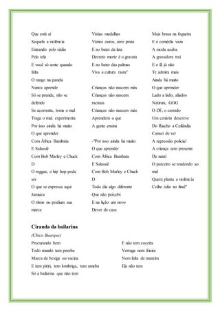 Que está aí
Sequela a violência
Entrando pelo rádio
Pela tela
E você só sente quando
falta
O rango na panela
Nunca aprende
Só se prende, não se
defende
Se acorrenta, toma o mal
Traga o mal, experimenta
Por isso ainda há muito
O que aprender
Com África Bambata
E Salassiê
Com Bob Marley e Chuck
D
O reggae, o hip hop pode
ser
O que se expressa aqui
Jamaica
O ritmo no podium sua
marca
Várias medalhas
Vários ouros, zero prata
E no bater da lata
Decreto morte é o gravata
E no bater das palmas
Viva a cultura rasta"
Crianças não nascem más
Crianças não nascem
racistas
Crianças não nascem más
Aprendem o que
A gente ensina
-"Por isso ainda há muito
O que aprender
Com África Bambata
E Salassiê
Com Bob Marley e Chuck
D
Todo dia algo diferente
Que não percebi
E na lição um novo
Dever de casa
Mais brasa na fogueira
E o comédia vaza
A moda acaba
A gravadora trai
E o fã já não
Te admira mais
Ainda há muito
O que aprender
Lado a lado, aliados
Natiruts, GOG
O DF, o cerrado
Um cenário descreve
Do Riacho a Ceilândia
Cansei de ver
A repressão policial
A criança sem presente
De natal
O parceiro se rendendo ao
mal
Quem planta a violência
Colhe ódio no final"
Ciranda da bailarina
(Chico Buarque)
Procurando bem
Todo mundo tem pereba
Marca de bexiga ou vacina
E tem piriri, tem lombriga, tem ameba
Só a bailarina que não tem
E não tem coceira
Verruga nem frieira
Nem falta de maneira
Ela não tem
 