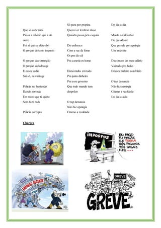 Que só sabe roba
Passa a mão no que é do
outro
Foi aí que eu descobri
O porque de tanto imposto
O porque da corrupção
O porque da ladruage
E esses vadio
Sai só, na vantage
Policia sai bantendo
Dando porrada
Em mano que tá queto
Sem faze nada
Policia corrupta
Só para por propina
Quero ver lembrar disso
Quando passa pela esquina
Do unibanco
Com a rua da fome
Os pm tão ali
Pra canetia os home
Dano multa em todo
Pra junta dinheiro
Pra esse governo
Que todo mundo tem
desprêzo
O rap denuncia
Não faz apologia
Citamo a realidade
Do dia-a-dia
Morde o calcanhar
Do presidente
Que prende por apologia
Um inocente
Discontam do meu salário
Vai tudo pro bolso
Desses maldito salafrário
O rap denuncia
Não faz apologia
Citamo a realidade
Do dia-a-adia
Charges
 