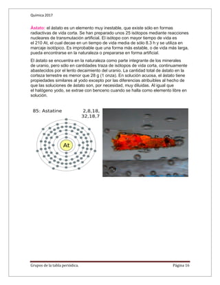 Química 2017
Grupos de la tabla periódica. Página 16
Ástato: el ástato es un elemento muy inestable, que existe sólo en formas
radiactivas de vida corta. Se han preparado unos 25 isótopos mediante reacciones
nucleares de transmutación artificial. El isótopo con mayor tiempo de vida es
el 210 At, el cual decae en un tiempo de vida media de sólo 8.3 h y se utiliza en
marcaje isotópico. Es improbable que una forma más estable, o de vida más larga,
pueda encontrarse en la naturaleza o prepararse en forma artificial.
El ástato se encuentra en la naturaleza como parte integrante de los minerales
de uranio, pero sólo en cantidades traza de isótopos de vida corta, continuamente
abastecidos por el lento decaimiento del uranio. La cantidad total de ástato en la
corteza terrestre es menor que 28 g (1 onza). En solución acuosa, el ástato tiene
propiedades similares al yodo excepto por las diferencias atribuibles al hecho de
que las soluciones de ástato son, por necesidad, muy diluidas. Al igual que
el halógeno yodo, se extrae con benceno cuando se halla como elemento libre en
solución.
 