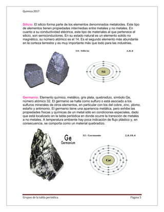 Química 2017
Grupos de la tabla periódica. Página 5
Silicio: El silicio forma parte de los elementos denominados metaloides. Este tipo
de elementos tienen propiedades intermedias entre metales y no metales. En
cuanto a su conductividad eléctrica, este tipo de materiales al que pertenece el
silicio, son semiconductores. En su estado natural es un elemento solido no
magnético, su número atómico es el 14. Es el segundo elemento más abundante
en la corteza terrestre y es muy importante más que todo para las industrias.
Germanio: Elemento químico, metálico, gris plata, quebradizo, símbolo Ge,
número atómico 32. El germanio se halla como sulfuro o está asociado a los
sulfuros minerales de otros elementos, en particular con los del cobre, zinc, plomo,
estaño y antimonio. El germanio tiene una apariencia metálica, pero exhibe las
propiedades físicas y químicas de un metal sólo en condiciones especiales, dado
que está localizado en la tabla periódica en donde ocurre la transición de metales
a no metales. A temperatura ambiente hay poca indicación de flujo plástico y, en
consecuencia, se comporta como un material quebradizo.
 