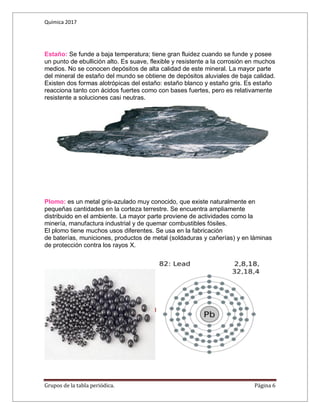 Química 2017
Grupos de la tabla periódica. Página 6
Estaño: Se funde a baja temperatura; tiene gran fluidez cuando se funde y posee
un punto de ebullición alto. Es suave, flexible y resistente a la corrosión en muchos
medios. No se conocen depósitos de alta calidad de este mineral. La mayor parte
del mineral de estaño del mundo se obtiene de depósitos aluviales de baja calidad.
Existen dos formas alotrópicas del estaño: estaño blanco y estaño gris. Es estaño
reacciona tanto con ácidos fuertes como con bases fuertes, pero es relativamente
resistente a soluciones casi neutras.
Plomo: es un metal gris-azulado muy conocido, que existe naturalmente en
pequeñas cantidades en la corteza terrestre. Se encuentra ampliamente
distribuido en el ambiente. La mayor parte proviene de actividades como la
minería, manufactura industrial y de quemar combustibles fósiles.
El plomo tiene muchos usos diferentes. Se usa en la fabricación
de baterías, municiones, productos de metal (soldaduras y cañerías) y en láminas
de protección contra los rayos X.
 