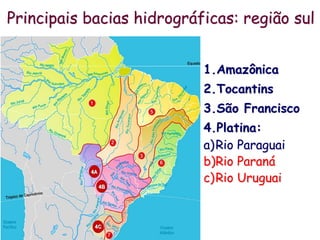 Principais bacias hidrográficas: região sul
1.Amazônica
2.Tocantins
3.São Francisco
4.Platina:
a)Rio Paraguai
b)Rio Paraná
c)Rio Uruguai
 