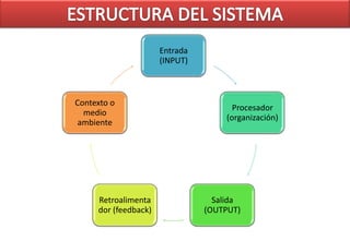 Entrada
                      (INPUT)



Contexto o
                                      Procesador
  medio
                                    (organización)
 ambiente




     Retroalimenta                Salida
     dor (feedback)             (OUTPUT)
 