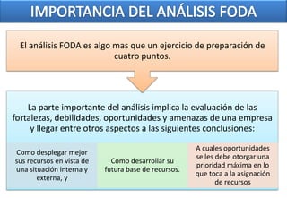 El análisis FODA es algo mas que un ejercicio de preparación de
                          cuatro puntos.




    La parte importante del análisis implica la evaluación de las
fortalezas, debilidades, oportunidades y amenazas de una empresa
     y llegar entre otros aspectos a las siguientes conclusiones:

                                                      A cuales oportunidades
Como desplegar mejor
                                                      se les debe otorgar una
sus recursos en vista de     Como desarrollar su
                                                      prioridad máxima en lo
una situación interna y    futura base de recursos.
                                                      que toca a la asignación
       externa, y
                                                             de recursos
 