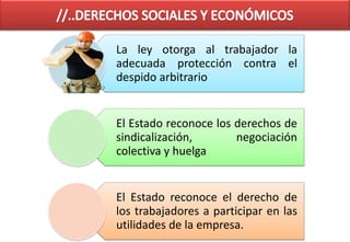 La ley otorga al trabajador la
adecuada protección contra el
despido arbitrario


El Estado reconoce los derechos de
sindicalización,       negociación
colectiva y huelga


El Estado reconoce el derecho de
los trabajadores a participar en las
utilidades de la empresa.
 