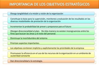 Otorga tangibilidad a la misión y visión de la organización

Constituye la base para la supervisión, monitoreo y evaluación de los resultados en las
diversas modalidades de prestación de la organización

Incrementan la probabilidad de prever y prepararse para el futuro

Otorgan direccionalidad al plan. De ésta manera no existen incongruencias entre los
fines que buscan las áreas y el resto del personal.

Disminuye la incertidumbre del entorno

Priorizan aspectos importantes.

Los objetivos contienen implícita y explícitamente las prioridades de la empresa

Promueven la eficiencia en el uso de los recursos de la organización en un ambiente de
austeridad constante

Dan direccionalidad a la estrategia.
 