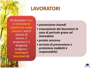 LAVORATORI
Ai lavoratori non
  è richiesto di    • prevenzione incendi
coprire un ruolo    • evacuazione dei lavoratori in
 passivo, anzi il     caso di pericolo grave ed
     datore di        immediato
     lavoro, il
  preposto e il     • pronto soccorso
     dirigente      • servizio di prevenzione e
    scelgono i        protezione (addetti e
    lavoratori        responsabile)
  incaricati di:
 