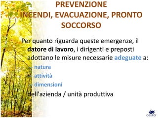 PREVENZIONE
INCENDI, EVACUAZIONE, PRONTO
          SOCCORSO
Per quanto riguarda queste emergenze, il
  datore di lavoro, i dirigenti e preposti
  adottano le misure necessarie adeguate a:
  – natura
  – attività
  – dimensioni
  dell'azienda / unità produttiva

                                              19
 