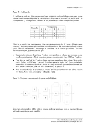 Módulo 2 – Página 13/14


Passo 2 – Codificação:

A codificação pode ser feita em uma matriz de incidência, onde as linhas representam os ca-
minhos e as colunas representam os componentes. Neste caso, o termo (i,j) da matriz será 1 se
o componente “j” fizer parte do caminho “i” e 0, se não fizer. Para o exemplo em questão:


                                             Componente
                         Caminho
                                     1     2   3   4    5            6
                            1        1         1                     1
                            2              1       1                 1
                            3        1             1    1            1
                            4              1   1        1            1


Observe na matriz, que o componente 1 faz parte dos caminhos 1 e 3. Logo, a falha do com-
ponente 1 interrompe esses dois caminhos (que são mínimos). De maneira semelhante, tem-se
que a falha do componente 2 interrompe os caminhos 2 e 4, e assim por diante. Com base
nessas observações, pode-se concluir que:

•   Os conjuntos mínimos de corte de 1ª ordem correspondem às colunas que somente possu-
    em elementos iguais a 1. Neste caso, tem-se que o componente 6 é um CMC de 1ª ordem.
•   Para detectar os CMC de 2ª ordem, basta combinar as colunas duas a duas (desconside-
    rando, é claro, os CMCs de 1ª ordem), fazendo a operação lógica “ou”. Se o resultado for
    uma coluna de elementos iguais a 1, então os componentes em questão formam um CMC
    de 2ª ordem. Neste caso, os CMC de 2ª ordem são (1 e 2) e (3 e 4).
•   Para encontrar CMCs de 3ª ordem as colunas devem ser combinadas três a três e assim
    por diante. Neste caso, tem-se (1 e 4 e 5) e (2 e 3 e 5).


Passo 3 – Montar o esquema equivalente de confiabilidade:


                                                          1                2

                           1              3

                6                                         4                3

                            2             4

                                                          5                5


Uma vez determinado o EEC, então o sistema pode ser analisado com as mesmas técnicas
utilizadas em sistemas série-paralelo.



                                                              Prof. João Guilherme de Carvalho Costa
                                                   Instituto de Sistemas Elétricos e Energia – UNIFEI
 