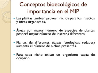 Conceptos bioecológicos de
importancia en el MIP
 Las plantas también proveen nichos para los insectos
y otros organismos.
 Áreas con mayor número de especies de plantas
poseerá mayor número de insectos diferentes.
 Plantas de diferentes etapas fenológicas (edades)
aumenta el número de nichos presentes.
 Para cada nicho existe un organismo capaz de
ocuparlo
 