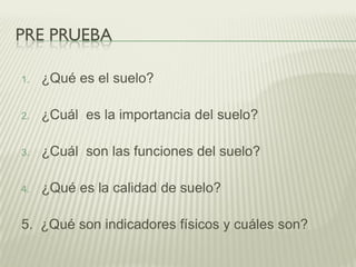 PRE PRUEBA
1. ¿Qué es el suelo?
2. ¿Cuál es la importancia del suelo?
3. ¿Cuál son las funciones del suelo?
4. ¿Qué es la calidad de suelo?
5. ¿Qué son indicadores físicos y cuáles son?
 