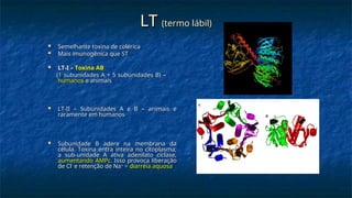 LT
LT (termo lábil)
(termo lábil)
 Semelhante toxina de colérica
Semelhante toxina de colérica
 Mais imunogênica que ST
Mais imunogênica que ST
 LT-I –
LT-I – Toxina AB
Toxina AB
(1 subunidades A + 5 subunidades B) –
(1 subunidades A + 5 subunidades B) –
humanos
humanos e animais
e animais
 LT-II – Subunidades A e B – animais e
LT-II – Subunidades A e B – animais e
raramente em humanos
raramente em humanos
 Subunidade B adere na membrana da
Subunidade B adere na membrana da
célula. Toxina entra inteira no citoplasma;
célula. Toxina entra inteira no citoplasma;
a sub-unidade A ativa adenilato ciclase,
a sub-unidade A ativa adenilato ciclase,
aumentando AMPc.
aumentando AMPc. Isso provoca liberação
Isso provoca liberação
de Cl
de Cl-
-
e retenção de Na
e retenção de Na+
+
=
= diarréia aquosa
diarréia aquosa
 