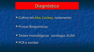 Diagnóstico
Diagnóstico
 Cultivo em
Cultivo em Mac Conkey
Mac Conkey, isolamento;
, isolamento;
 Provas Bioquímicas;
Provas Bioquímicas;
 Testes imunológicos: sorologia, ELISA
Testes imunológicos: sorologia, ELISA
 PCR e sondas
PCR e sondas
 