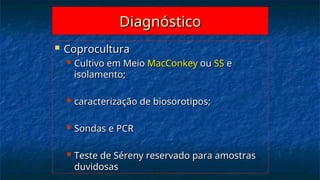 Diagnóstico
Diagnóstico
 Coprocultura
Coprocultura
 Cultivo em Meio
Cultivo em Meio MacConkey
MacConkey ou
ou SS
SS e
e
isolamento;
isolamento;
 caracterização de biosorotipos;
caracterização de biosorotipos;
 Sondas e PCR
Sondas e PCR
 Teste de Séreny reservado para amostras
Teste de Séreny reservado para amostras
duvidosas
duvidosas
 