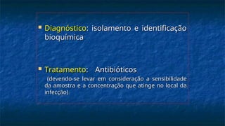  Diagnóstico
Diagnóstico: isolamento e identificação
: isolamento e identificação
bioquímica
bioquímica
 Tratamento
Tratamento:
: Antibióticos
Antibióticos
(devendo-se levar em consideração a sensibilidade
(devendo-se levar em consideração a sensibilidade
da amostra e a concentração que atinge no local da
da amostra e a concentração que atinge no local da
infecção)
infecção)
 