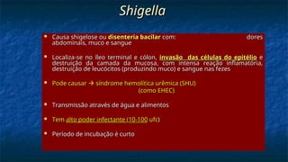Shigella
Shigella
 Causa shigelose ou
Causa shigelose ou disenteria bacilar
disenteria bacilar com
com:
: dores
dores
abdominais, muco e sangue
abdominais, muco e sangue
 Localiza-se no íleo terminal e cólon,
Localiza-se no íleo terminal e cólon, invasão das células do epitélio
invasão das células do epitélio e
e
destruição da camada da mucosa, com intensa reação inflamatória,
destruição da camada da mucosa, com intensa reação inflamatória,
destruição de leucócitos (produzindo muco) e sangue nas fezes
destruição de leucócitos (produzindo muco) e sangue nas fezes
 Pode causar
Pode causar 
 síndrome hemolítica urêmica
síndrome hemolítica urêmica (SHU)
(SHU)
(como EHEC)
(como EHEC)
 Transmissão através de água e alimentos
Transmissão através de água e alimentos
 Tem
Tem alto poder infectante
alto poder infectante (
(10-100
10-100 ufc
ufc)
)
 Período de incubação é curto
Período de incubação é curto
 