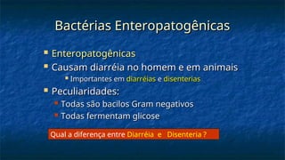 Bactérias Enteropatogênicas
Bactérias Enteropatogênicas
 Enteropatogênicas
Enteropatogênicas
 Causam diarréia no homem e em animais
Causam diarréia no homem e em animais
 Importantes em
Importantes em diarréias
diarréias e
e disenterias
disenterias
 Peculiaridades:
Peculiaridades:
 Todas são bacilos Gram negativos
Todas são bacilos Gram negativos
 Todas fermentam glicose
Todas fermentam glicose
Qual a diferença entre Diarréia e Disenteria ?
 