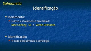 Identificação
Identificação
 Isolamento:
Isolamento:
 Cultivo e isolamento em meios:
Cultivo e isolamento em meios:
Mac Conkey
Mac Conkey,
, SS
SS e
e Verde Brilhante
Verde Brilhante
 Identificação:
Identificação:
 Provas bioquímicas e sorologia
Provas bioquímicas e sorologia
Salmonella
Salmonella
 