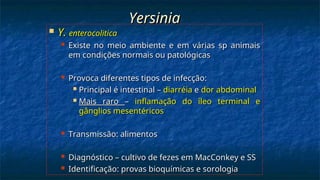Yersinia
Yersinia
 Y.
Y. enterocolitica
enterocolitica
 Existe no meio ambiente e em várias sp animais
Existe no meio ambiente e em várias sp animais
em condições normais ou patológicas
em condições normais ou patológicas
 Provoca diferentes tipos de infecção:
Provoca diferentes tipos de infecção:
 Principal é intestinal –
Principal é intestinal – diarréia
diarréia e
e dor abdominal
dor abdominal
 Mais raro
Mais raro –
– inflamação do íleo terminal e
inflamação do íleo terminal e
gânglios mesentéricos
gânglios mesentéricos
 Transmissão: alimentos
Transmissão: alimentos
 Diagnóstico – cultivo de fezes em MacConkey e SS
Diagnóstico – cultivo de fezes em MacConkey e SS
 Identificação: provas bioquímicas e sorologia
Identificação: provas bioquímicas e sorologia
 