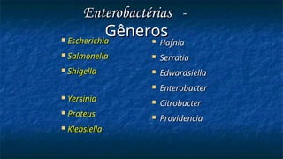  Escherichia
Escherichia
 Salmonella
Salmonella
 Shigella
Shigella
 Yersinia
Yersinia
 Proteus
Proteus
 Klebsiella
Klebsiella
 Hafnia
Hafnia
 Serratia
Serratia
 Edwardsiella
Edwardsiella
 Enterobacter
Enterobacter
 Citrobacter
Citrobacter
 Providencia
Providencia
Enterobactérias -
Enterobactérias -
Gêneros
Gêneros
 