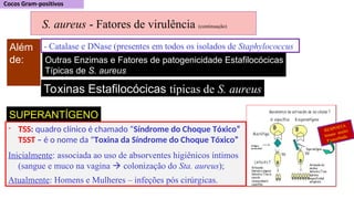 SUPERANTÍGENO
Outras Enzimas e Fatores de patogenicidade Estafilocócicas
Típicas de S. aureus
Toxinas Estafilocócicas típicas de S. aureus
- Catalase e DNase (presentes em todos os isolados de Staphylococcus
Além
de:
- TSS: quadro clínico é chamado “Síndrome do Choque Tóxico”
TSST – é o nome da “Toxina da Síndrome do Choque Tóxico”
Inicialmente: associada ao uso de absorventes higiênicos íntimos
(sangue e muco na vagina  colonização do Sta. aureus);
Atualmente: Homens e Mulheres – infeções pós cirúrgicas.
RESPOSTA
Imune muito
Exacerbada
S. aureus - Fatores de virulência (continuação)
 