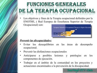 Los objetivos y fines de la Terapia ocupacional definidos por la ENOTHE, ( Red Europea de Enseñanza Superior de Terapia Ocupacional) son: Prevenir las discapacidades: Evitar los desequilibrios en las áreas de desempeño ocupacional. Prevenir las disfunciones ocupacionales Anticiparse a posibles lesiones y patologías en los componentes de ejecución. Trabajar en el ámbito de la comunidad en los proyectos y actuaciones encaminados a la prevención de la discapacidad. 