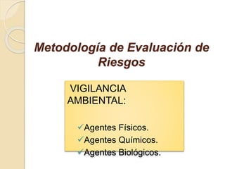 Metodología de Evaluación de
Riesgos
VIGILANCIA
AMBIENTAL:
Agentes Físicos.
Agentes Químicos.
Agentes Biológicos.
 