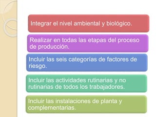 Integrar el nivel ambiental y biológico.
Realizar en todas las etapas del proceso
de producción.
Incluir las seis categorías de factores de
riesgo.
Incluir las actividades rutinarias y no
rutinarias de todos los trabajadores.
Incluir las instalaciones de planta y
complementarias.
 